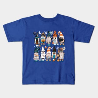 Boo-tiful gnomes // cobalt blue background fun little creatures black grey pastel blue and orange dressed for halloween Kids T-Shirt